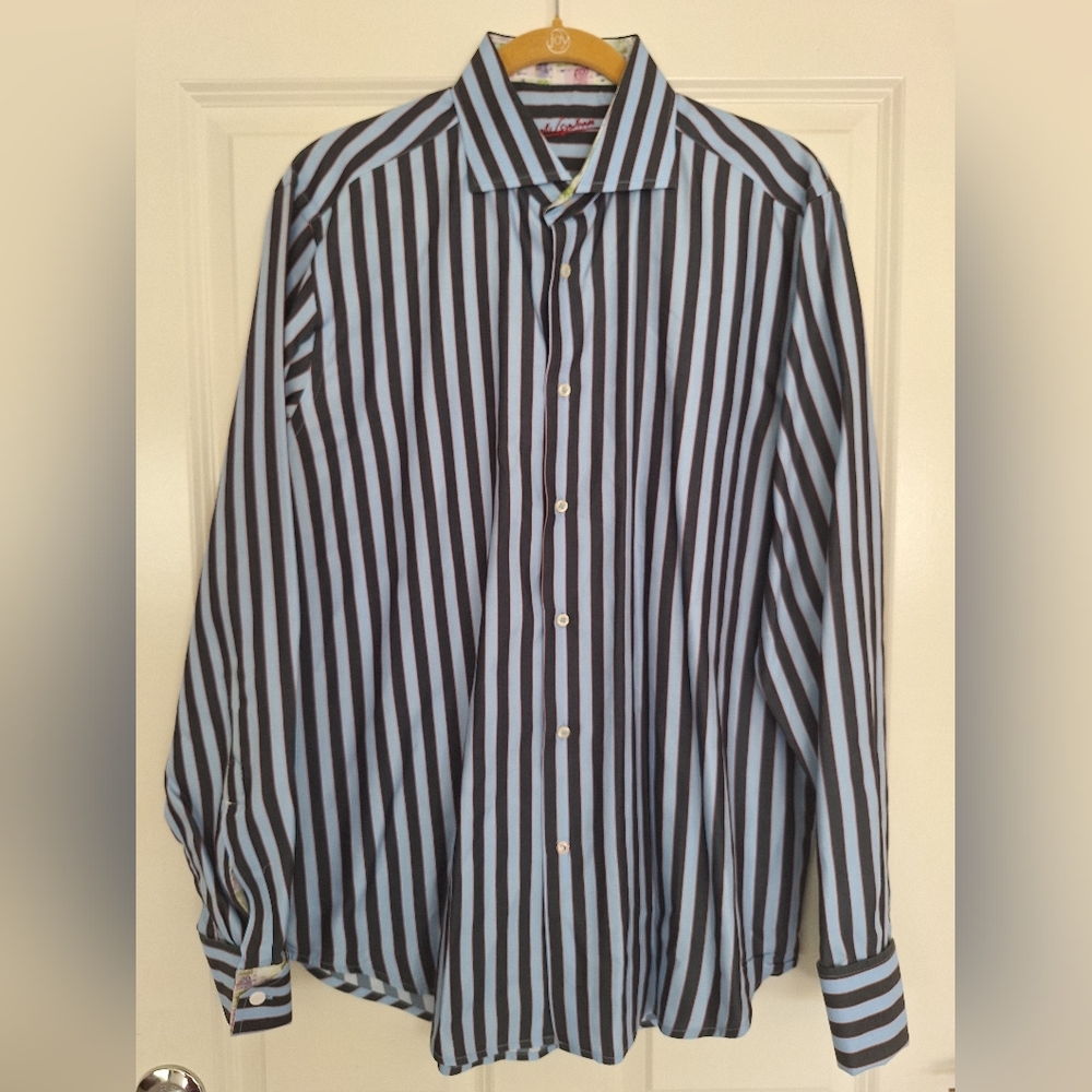Robert Graham Blue and Gray Striped Dress Shirt Suze L/ 16.5/42